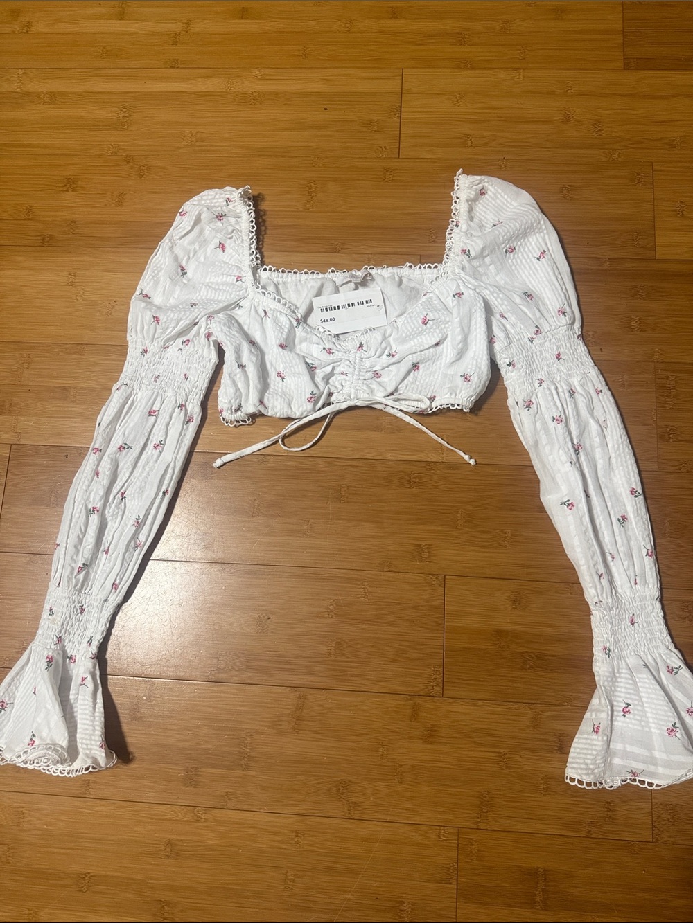 Olivaceous White Floral Smocked Tie-Front Crop Top